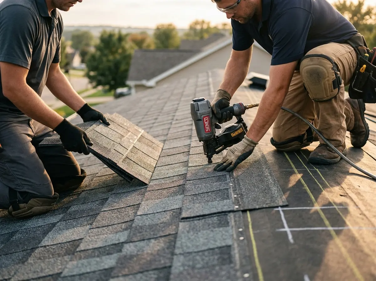 Professional roofer working on a residential roof in Laurens